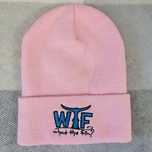 WTF What The Fin Pink Beanie Blue Logo Winter Knit Hat One Size Fishing Beach